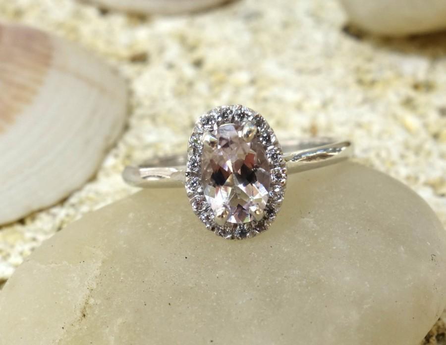 Hochzeit - Delicate Gold Engagement Ring with Morganite Unique Rose Gold Diamond Alternative Promise Ring, Commitment Ring Halo Ring