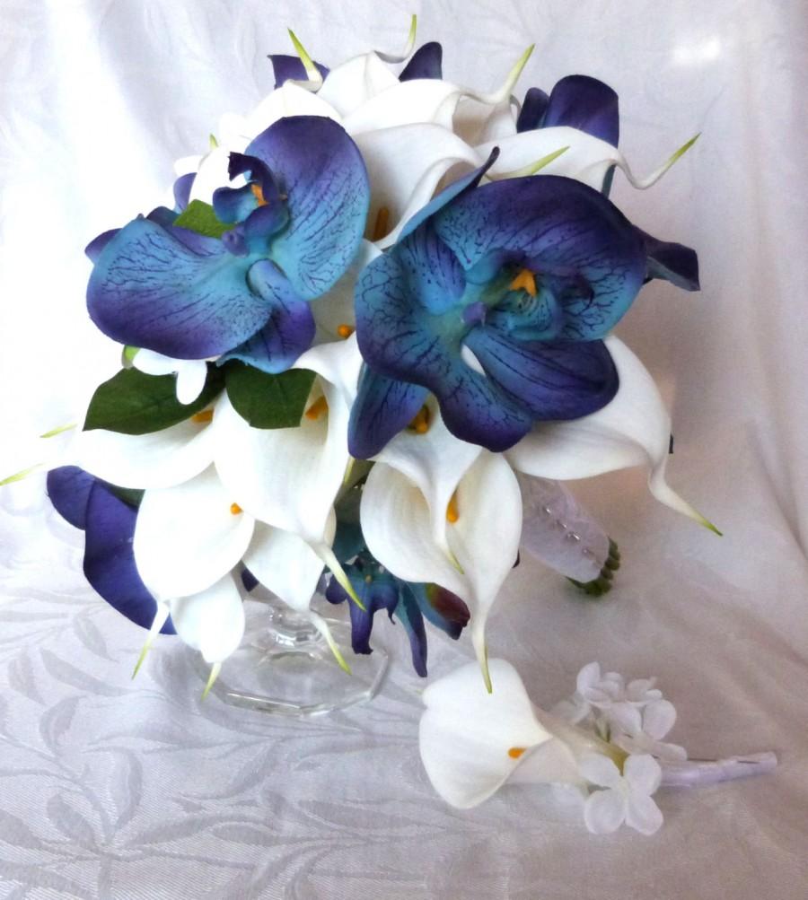 Hochzeit - Blue orchid white calla lily bridal bouquet and boutonniere set