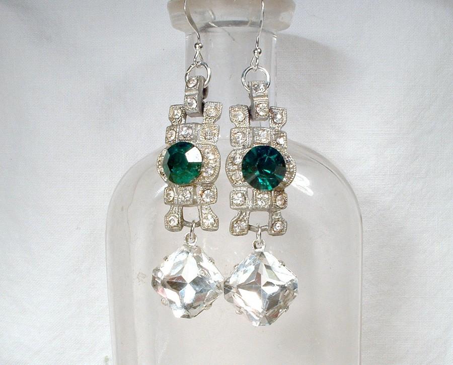 Wedding - Art Deco Emerald Earrings, Green & Crystal Rhinestone Sterling Silver Dangle, Vintage Paste Drop Bridal Statement 1920s Great Gatsby Jewelry