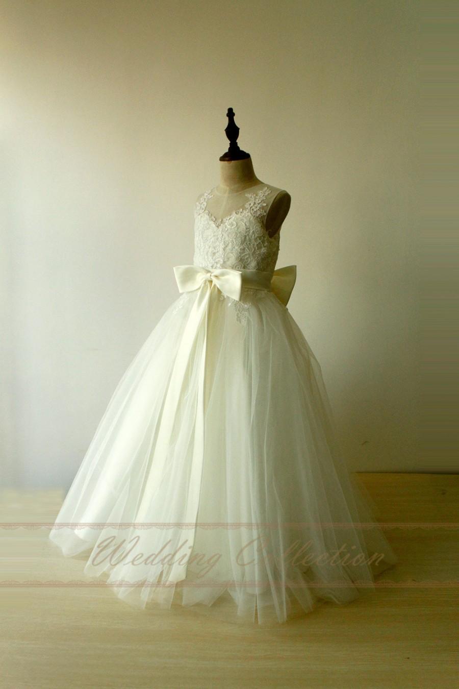 Hochzeit - Ivory Lace Flower Girl Dress Floor Length with Blush Sash and Bow