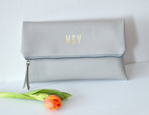 Wedding - Foldover monogrammed clutch Purse / Bridesmaid Gift / Personalized Clutch Bag / Evening Clutch Purse / Light Grey Clutch Bag