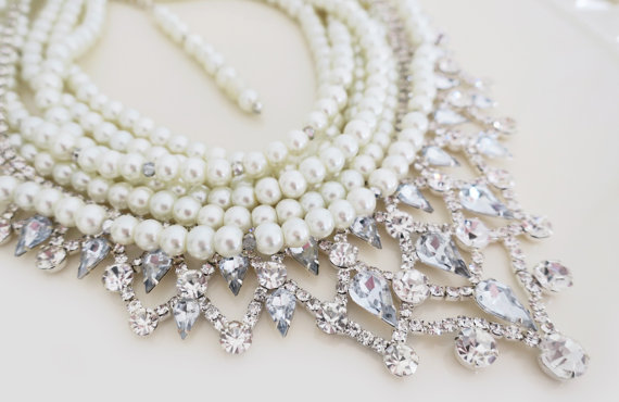 Mariage - Bridal Statement Necklace, Swarovski Pearl Necklace, Wedding Statement Necklace, Wedding Jewelry for Brides, Back Drop Necklace Crystal