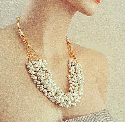 Wedding - Pearl Necklace Gold, Bridal Necklace Wedding Jewelry, Wedding Necklace for Bride, Statement Necklace Bridal Jewelry, Wedding Gold Necklace