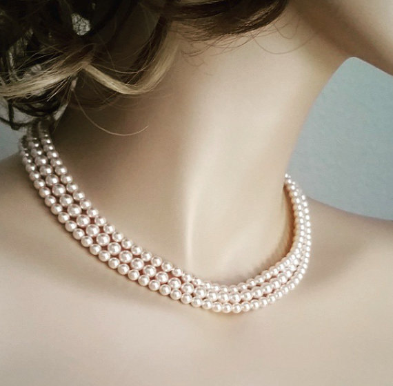 Hochzeit - Blush Pearl Necklace, Elegant Wedding Necklace, Bridal Necklace Pearl, Wedding Jewelry for Brides, 3 strands pearl necklace with rhinestone