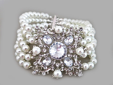 Hochzeit - Pearl Cuff Bracelet, Ivory Pearl Bracelet, Gatsby Bridal Rhinestone Bracelet, Wedding Jewellery, Statement Bridal Cuff Bracelet, ELORA