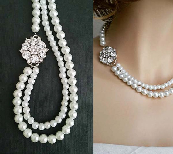Mariage - Bridal Necklace Pearl Jewelry, Wedding Necklace Bridal Jewelry, Pearl Wedding Necklace, Bridal Statement Art Deco, Bridesmaid, Crystal CHLOE