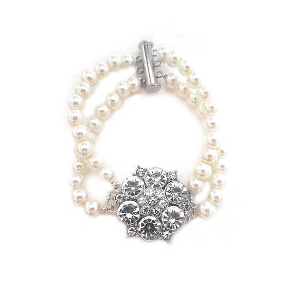 Mariage - Bridal Bracelet, Rhinestone Wedding Bracelet, Art Deco Style Pearl Bracelet, Wedding Bridal Bracelet Bridal Jewelry White Ivory Pearls CHLOE