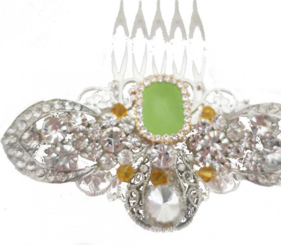 Mariage - Bridal Comb, Crystal Hair Comb, Wedding Hair Comb, Drop Rhinestone Bridal Hairpiece, Crystal Hair Jewelry, Vintage, Mint Green Amber Gold