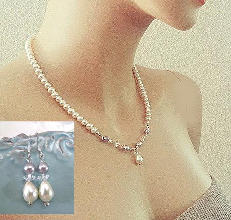 Hochzeit - Pearl Wedding Jewelry Set, Swarovski Bridal Jewelry Set, Ivory Grey Pearl and Crystal Necklace Drop Earrings, Bridal Necklace