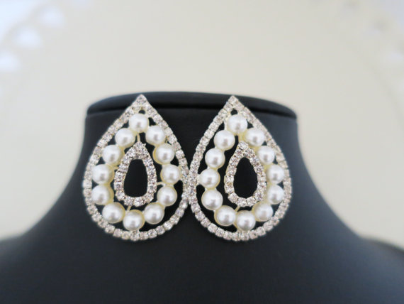 Hochzeit - Bridal Pearl Earrings, Pearl Wedding Earrings, Vintage Wedding Jewelry, Bridal Crystal Earrings, Large Drop, Stud Earrings for Brides