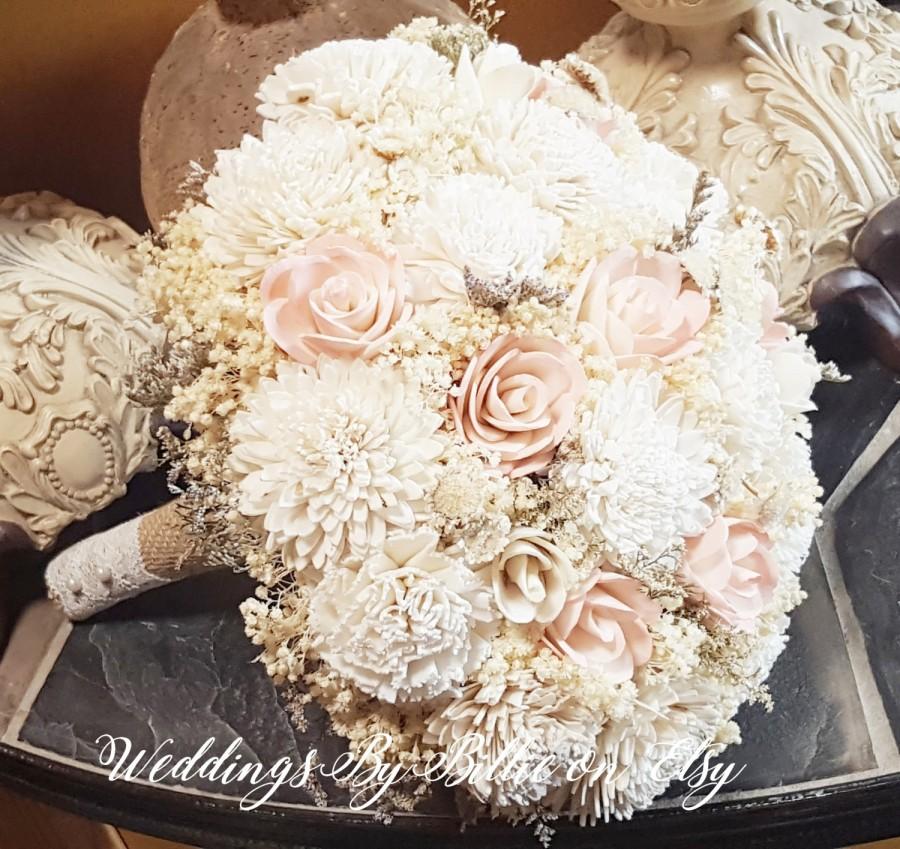 Mariage - Blush Pink Ivory Sola Bouquet, Blush Wedding, Burlap Lace Wedding, Alternative Bouquet, Rustic Shabby Chic, Bridal Accessories, Sola Flowers