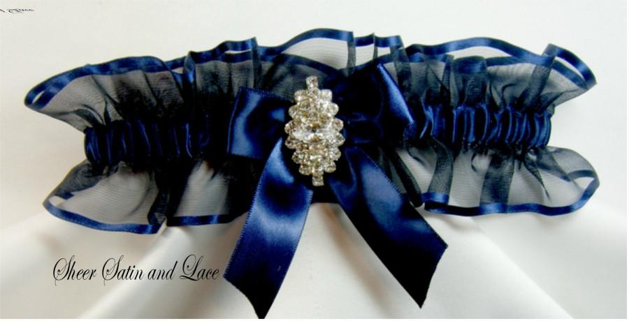 Hochzeit - RHINESTONE Wedding garters Navy Blue Garter