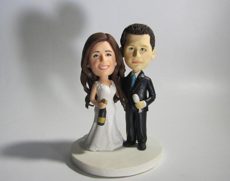 Wedding - Wedding Cake Topper Custom Sculpted  Figurine personalized funny cake topper bride and groom make from C