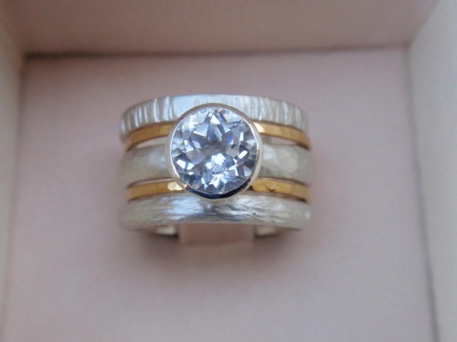 زفاف - engagement ring wedding ring set of 5 stacking rings 14k solid yellow gold sterling silver natural white topaz gemstone ring bridal jewelry