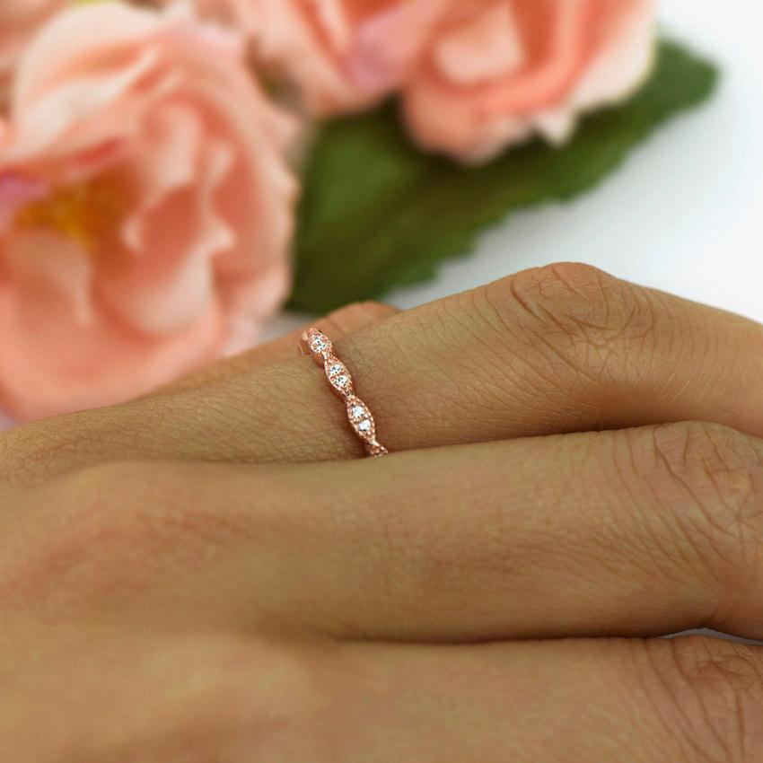 Wedding - Art Deco Wedding Band, Delicate Ring, 1.5mm Stacking Ring, Engagement Ring, Man Made Diamond Simulants, Sterling Silver, Rose Gold Plated
