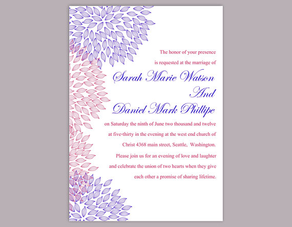 Hochzeit - DIY Wedding Invitation Template Editable Word File Instant Download Printable Floral Invitation Purple Wedding Invitation Pink Invitation