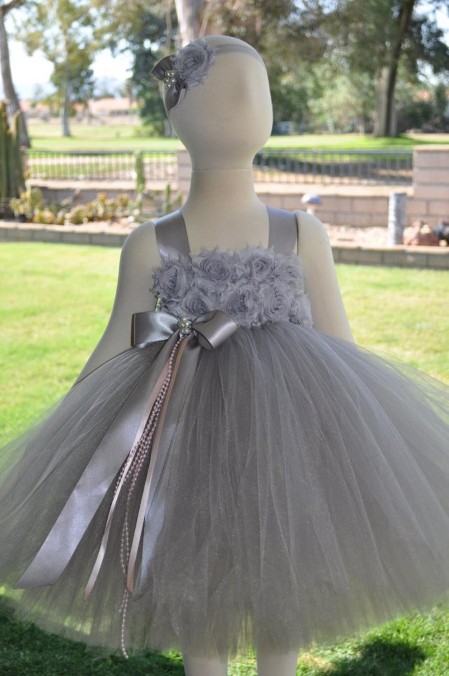 Wedding - Shades of Grey Silver Flower Girl Dress, Infant Shabby Chic Grey Dress, Baby Grey Shabby Dress, Toddler Shabby Grey Dress
