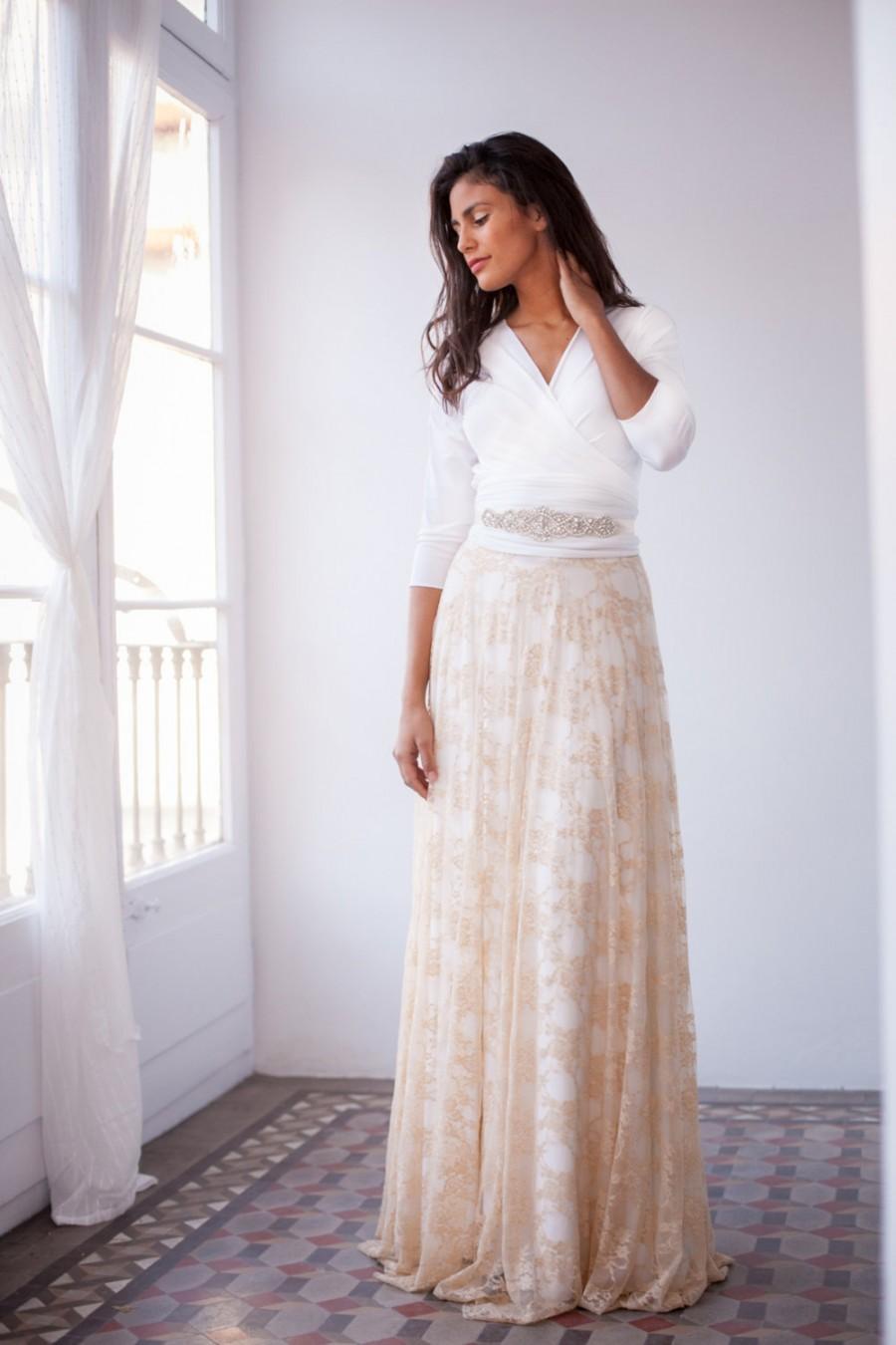 Wedding - Bride in a hurry, long sleeved wedding dress, golden beige lace skirt, rustic chic ivory wedding dress, detachable lace skirt, golden lace