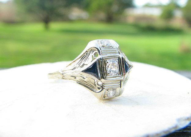 Wedding - Art Deco Diamond Sapphire Ring, Fiery Old Cut Diamonds, Lovely Engraved Details in 18K White Gold, Fine Maker Belais, Circa 1920s