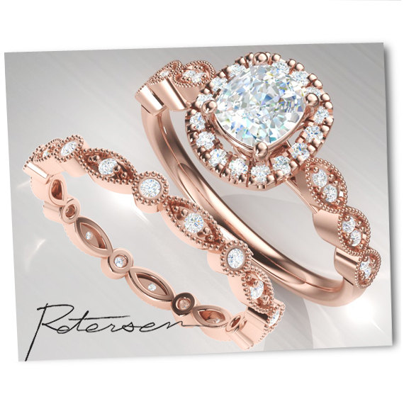 Hochzeit - Vintage Wedding Ring Set, Promise Ring Set or Engagement Ring set - Art Deco features im milgrain ring set design, Sterling Silver Rose Gold
