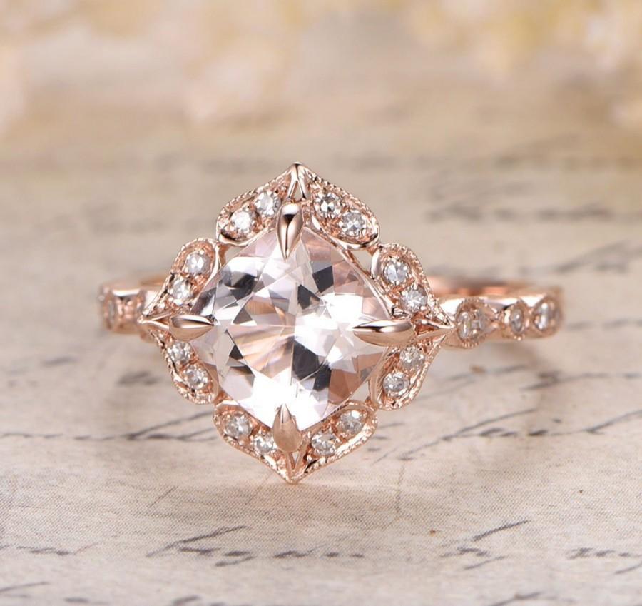 Wedding - Limited Time Sale Antique 1.25 carat Morganite and Diamond Engagement Ring in 10k Rose Gold for Women