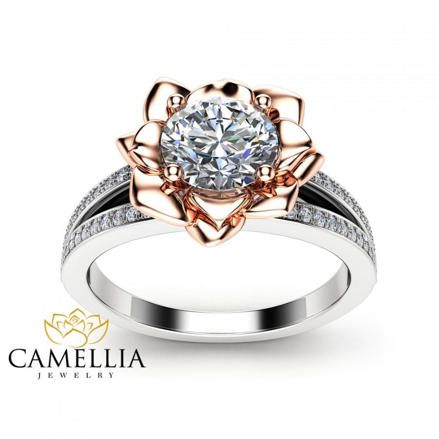 Wedding - Moissanite Petal Engagement Ring 14K Two Tone Gold Flower Engagement Ring Forever One Moissanite Diamond Ring