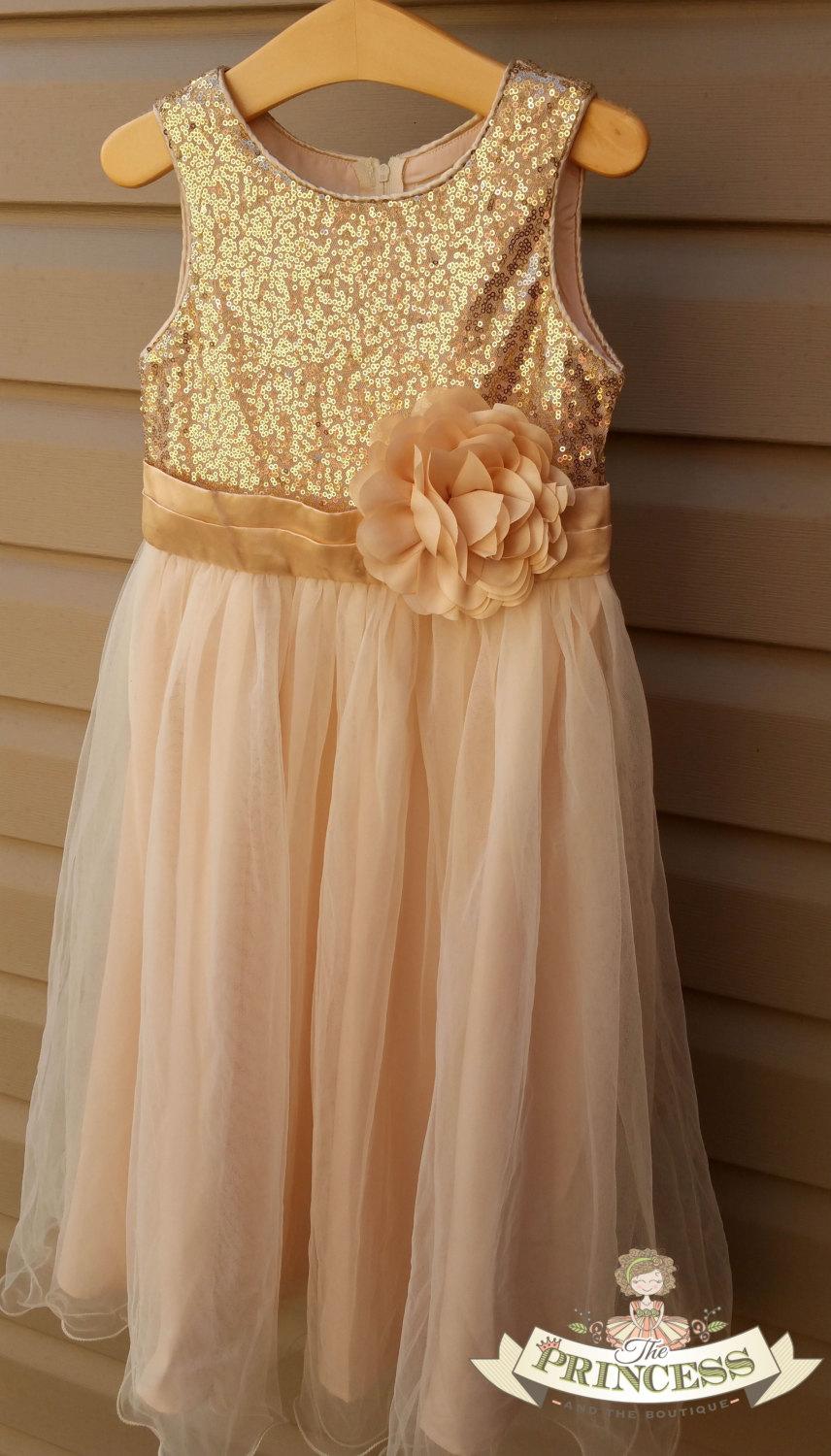 Hochzeit - flower girl dress, flower girl dress champagne, flower girl dress gold, wedding dress, girls gold dress, sequin dress, gold sequin dress