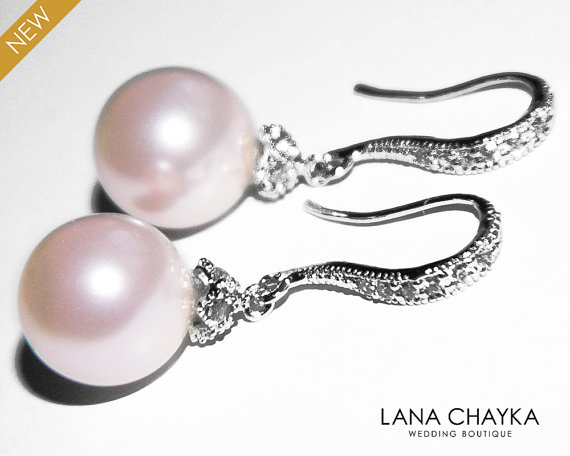Mariage - Rosaline Pink Pearl Earrings Swarovski 10mm Light Pink Pearl CZ Silver Earrings Blush Pink Pearl Bridal Earrings Bridesmaid Pearl Jewelry