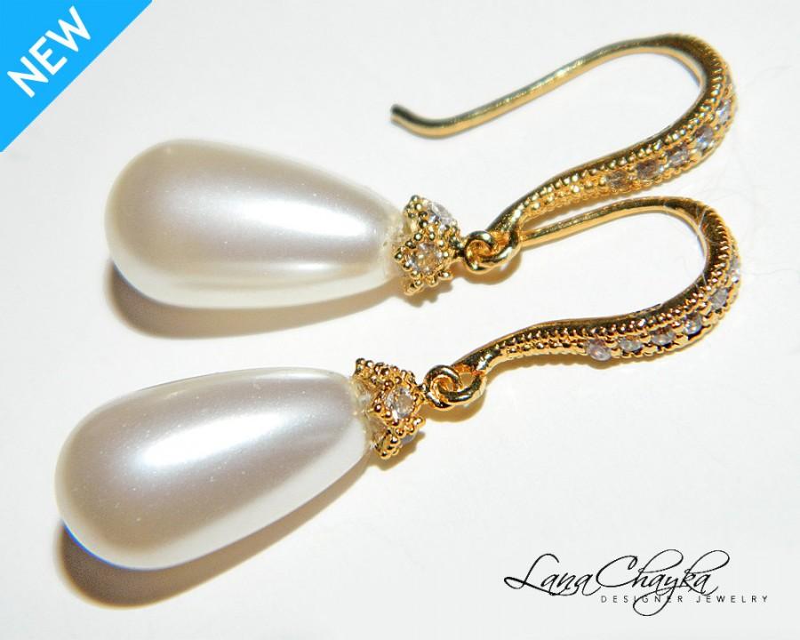 Mariage - Ivory Teardrop Pearl Earrings Swarovski Bridal Pearl Earrings Vermeil Gold CZ Pearl Wedding Jewelry Dangle Earrings Bridal Pearl Jewelry