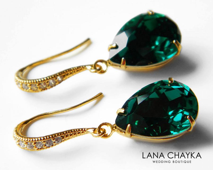 Hochzeit - Emerald Green Crystal Earrings Swarovski Emerald Rhinestone Vermeil Gold CZ Earrings Wedding Earrings Bridesmaid Jewelry Teardrop Earrings