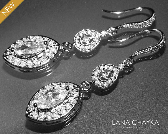 Wedding - Cubic Zirconia Marquise Bridal Earrings Chandelier Crystal Wedding Earrings Long Dangle CZ Wedding Earrings Sparkly Bridal Crystal Jewelry