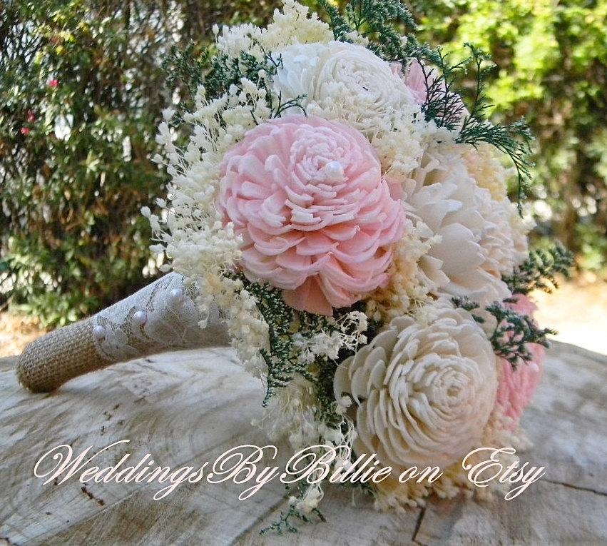 Hochzeit - Blush Pink Sola Bouquet, Wedding Bouquet, Burlap and Lace,  Keepsake Bouquet,Alternative Bouquet, Bridal Accessories, Sola Flowers, Blush