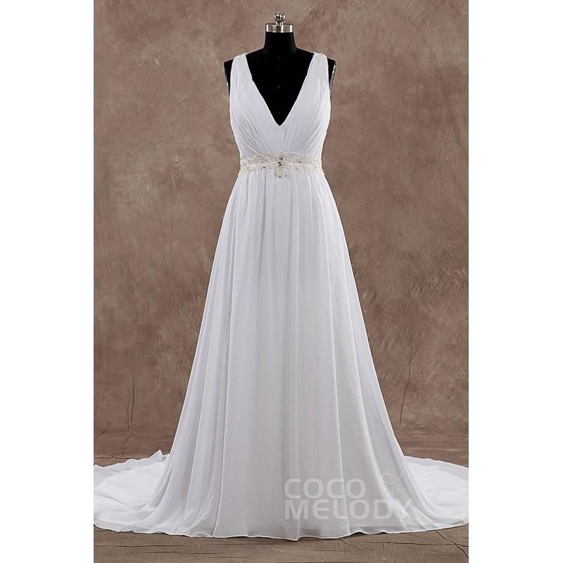 زفاف - Pretty V-Neck Natural Train Chiffon Sleeveless Wedding Dress with Beading and Draped - Top Designer Wedding Online-Shop