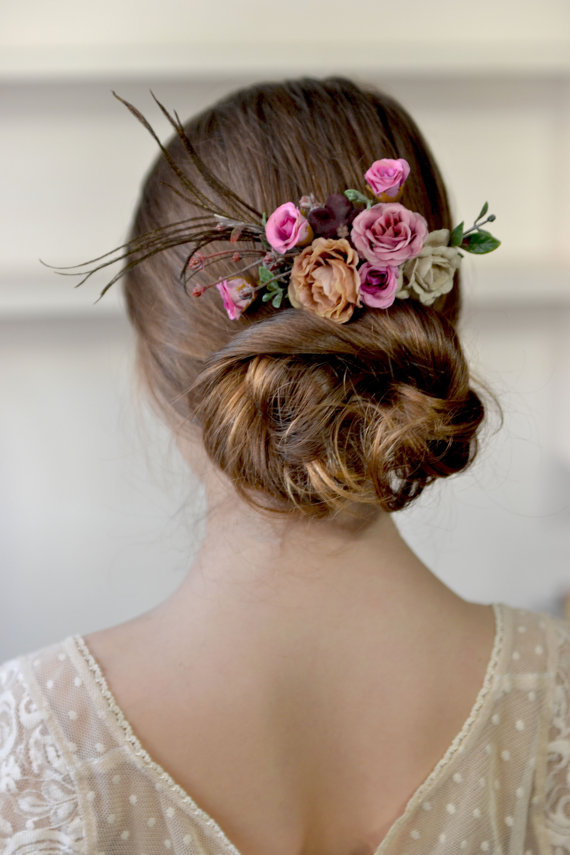 Hochzeit - Feather floral comb purple beige flower comb boho Fabric flowers comb burlap head piece Bridal Purple hair dress
