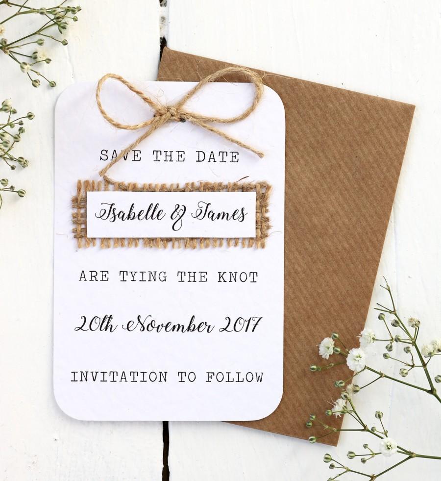 Hochzeit - Rustic, Burlap, Hessian Save the Date Card with Twine Bow Detailing