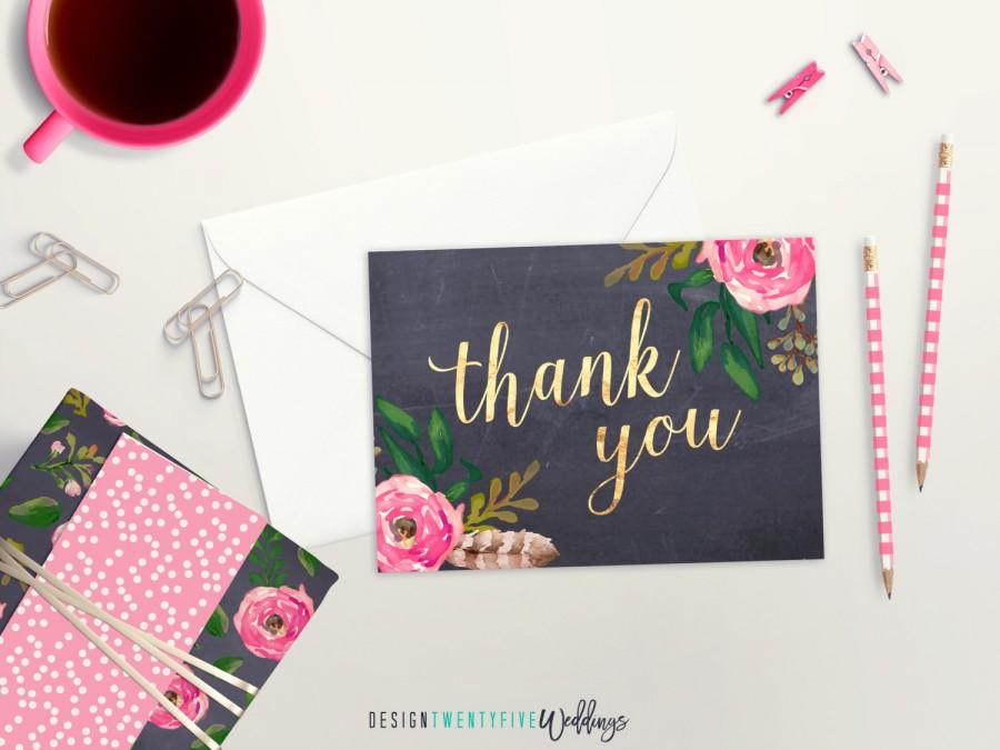 زفاف - PRINTED Chalkboard Floral Thank You Card // Set of 4 // Set of 10 // Matte Faux Gold Foil // Thank You Card Set