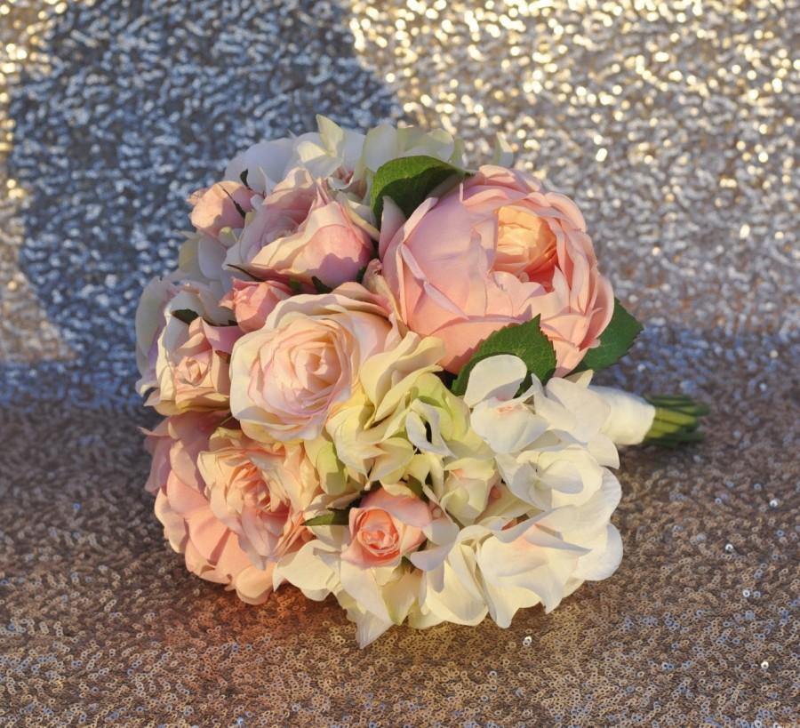 Wedding - Silk Wedding Bouquet, Wedding Bouquet, Keepsake Bouquet, Bridal Bouquet Coral rose and green hydrangea wedding bouquet made of silk roses.