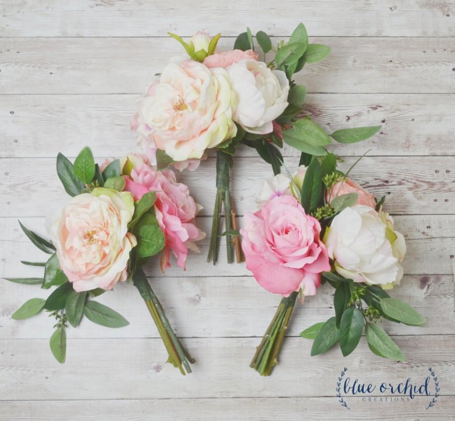 Hochzeit - Boho Bridesmaid Bouquet - Bridesmaid Bouquet, Silk Bouquet, Greenery, Eucalyptus, Peony Bouquet, Silk Peonies, Rose Bouquet, Wedding Flowers