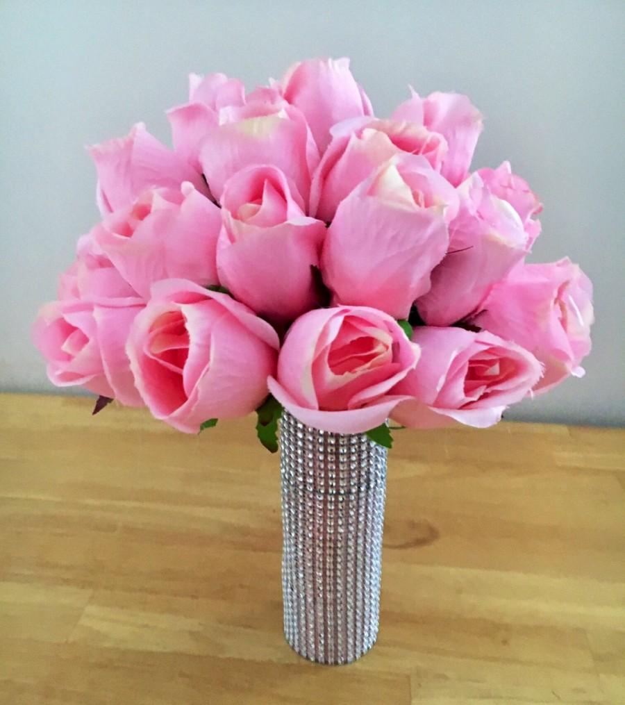 زفاف - Pink Rose Wedding Bridal Bouquet with Crystal Brooch Embellishment - Silk Real Touch Roses - Bridesmaid and Bride