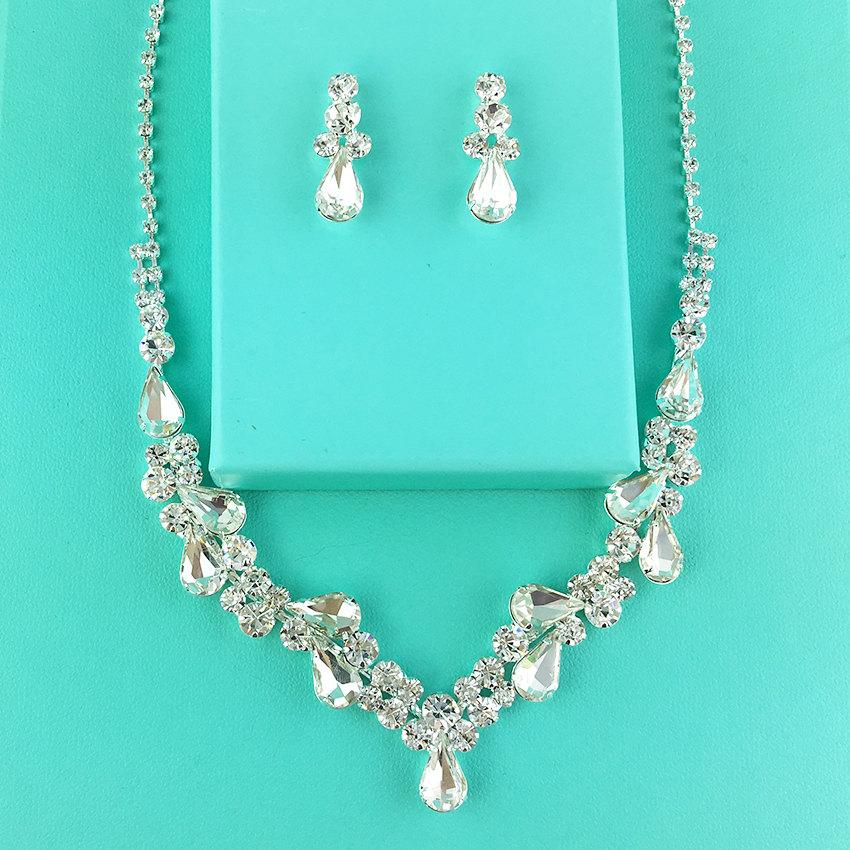Crystal Rhinestone Teardrop Jewelry Set, Crystal Wedding Necklace Set