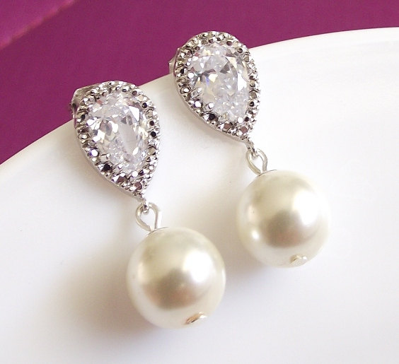 Mariage - wedding earrings, pearl drop bridal earrings, pearl earrings, cz pearl wedding jewelry, bridesmaid earrings, ivory pearl wedding earings