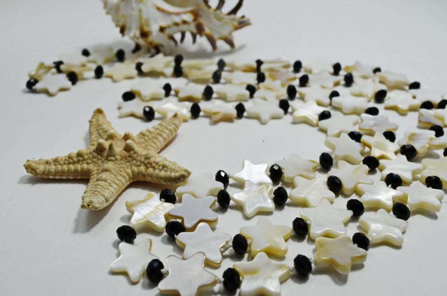 Mariage - White and Black Statement Mother of Pearl Long Necklace with Stars, Beaded Fashion Beach Style Shell Holiday Necklace, Valentine's Gift