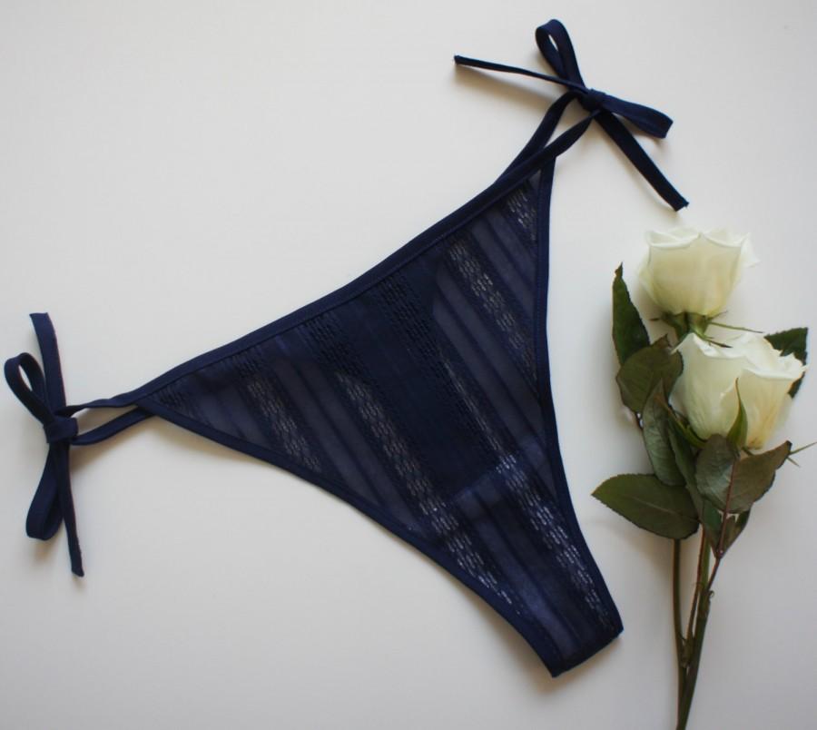 زفاف - See through cotton lace thong - Navy/Handmade to Order