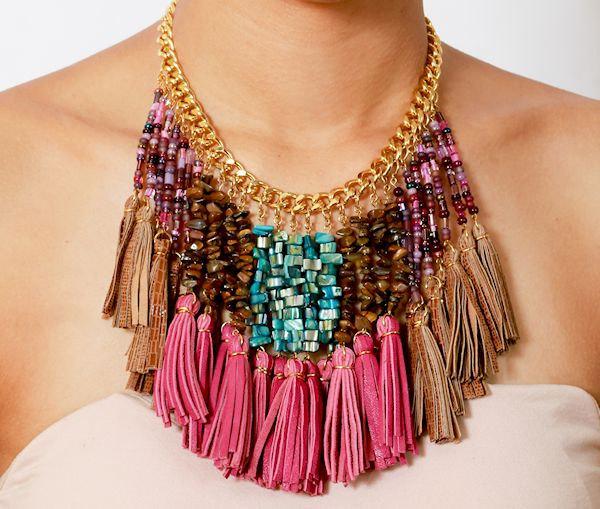 Hochzeit - Colorful Beaded Tassel Necklace, Beaded Bib Necklace, Pink Leather Necklace, Fringe Necklace, Tribal Necklace, Boho Statement Necklace