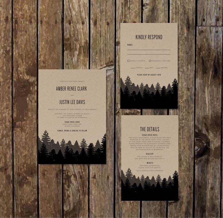 Wedding - DIY Printable Woodsy Wedding Invitations with RSVP & Information Card. Kraft Paper Background, Black and Charcoal pine trees and mountains.