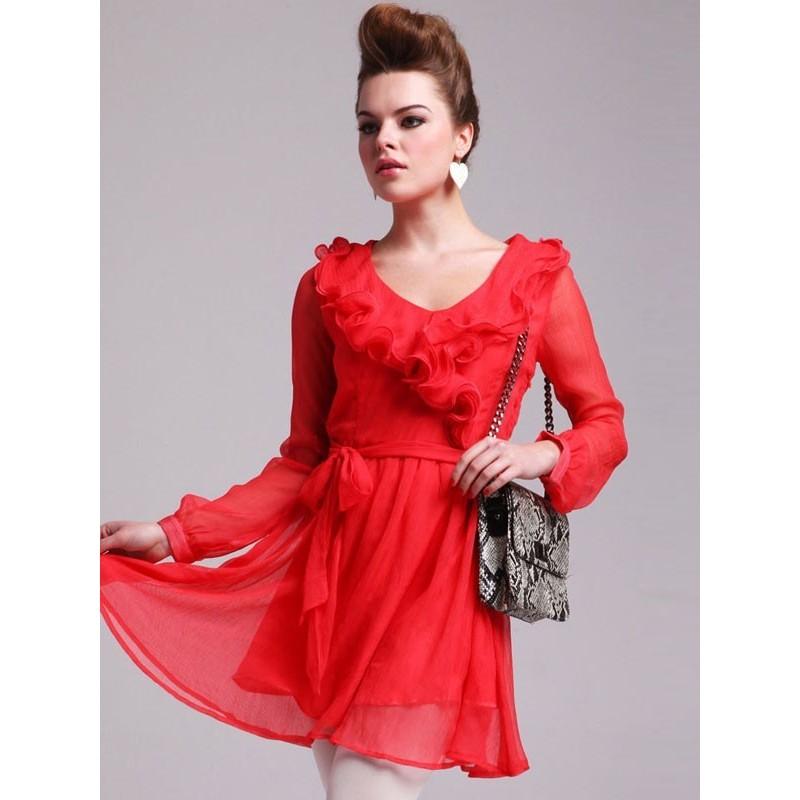زفاف - Pretty V-neck Long Sleeve Mini A-line Chiffon Homecoming Dresses In Canada Homecoming Dress Prices - dressosity.com