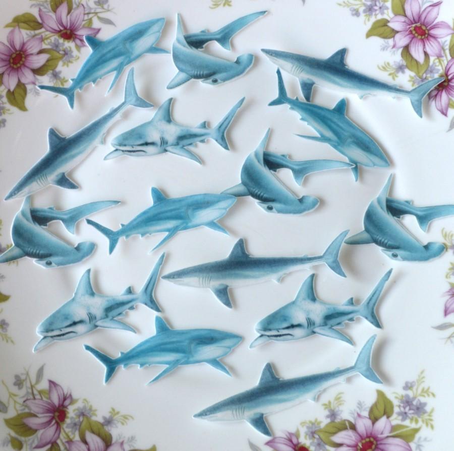 زفاف - Edible Sharks x 36 Wafer Paper Blue Grey Ocean Sea Birthday Cake Decorations Hammerhead Great White Jaws Cookie Cupcake Toppers Mako Shark