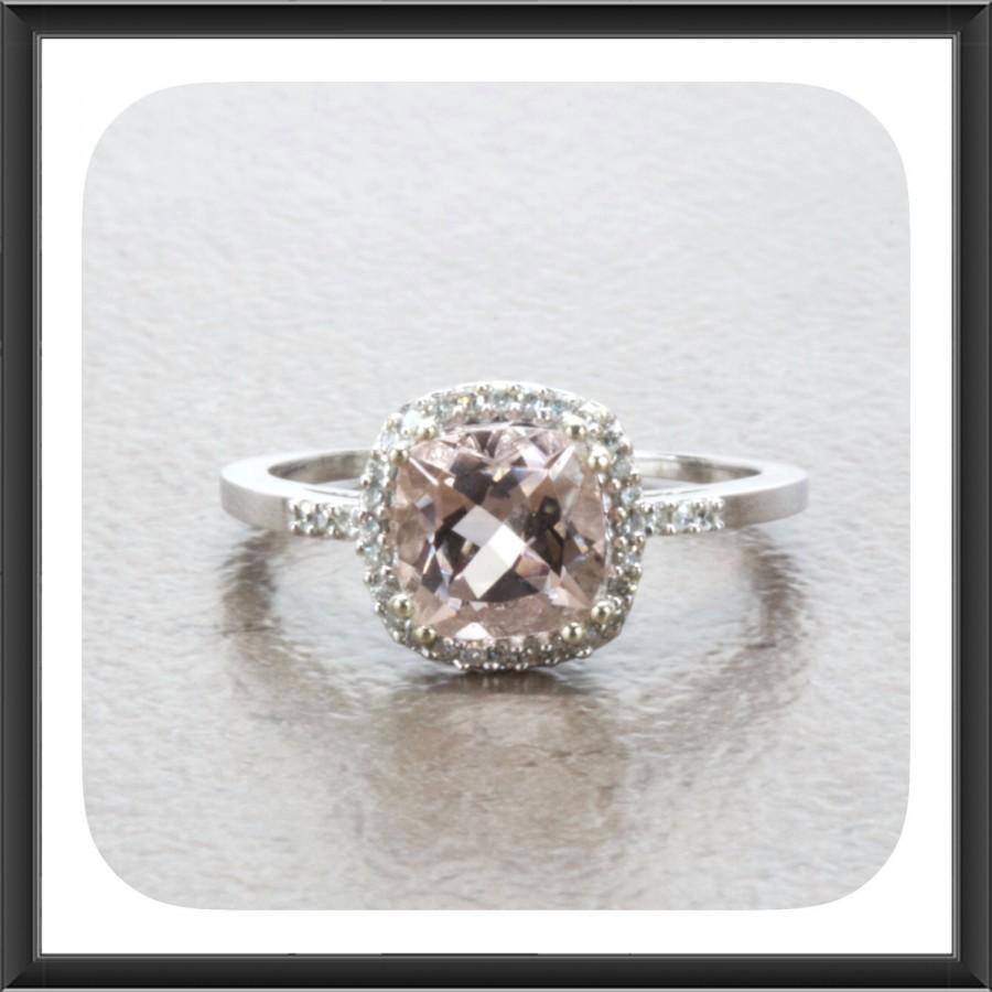 Wedding - Gorgeous Cushion Cut Natural Morganite and Diamond Ring in 10k White Gold, Engagement Ring, Anniversary Ring, Promise Ring