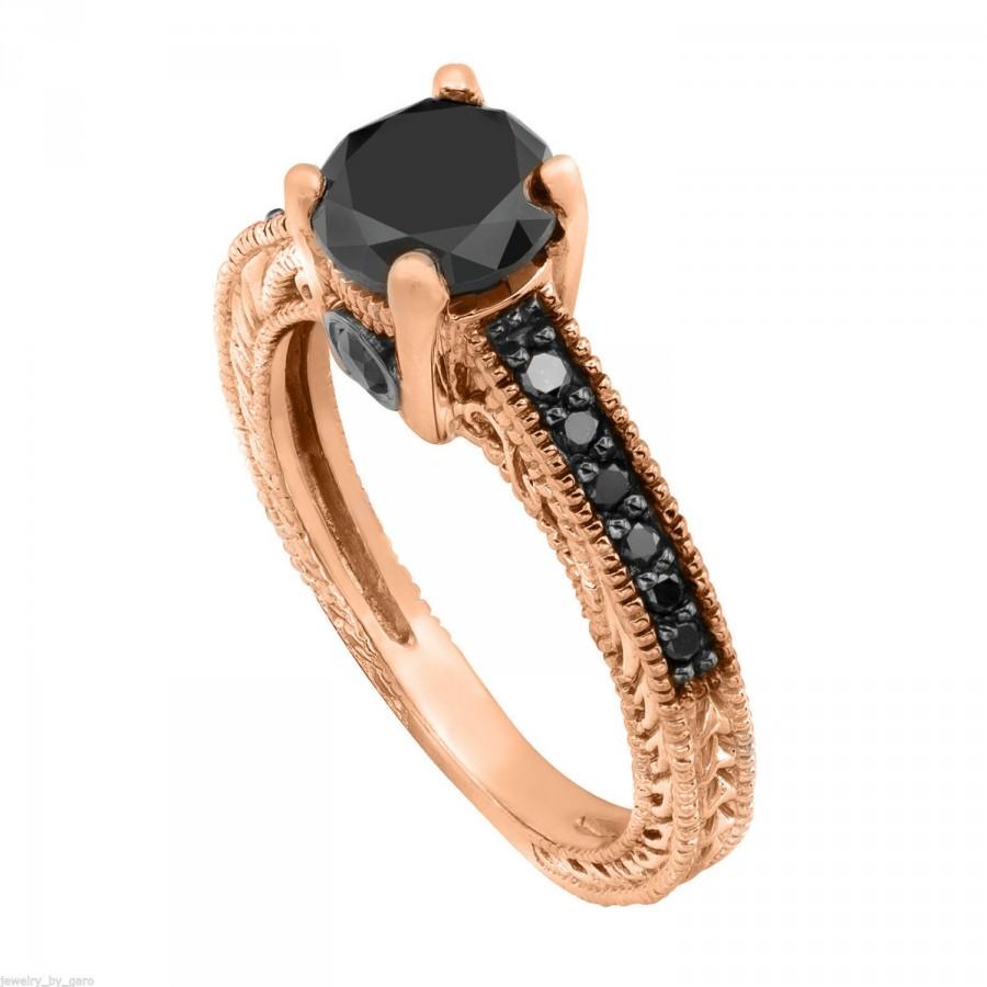 Hochzeit - Fancy Black Diamond Engagement Ring 14K Rose Gold 0.79 Carat Antique Vintage Style Engraved Pave Set HandMade Certified