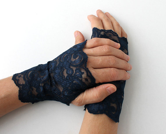 Hochzeit - Navy Blue Lace Gloves, fingerless mittens, gift for her,